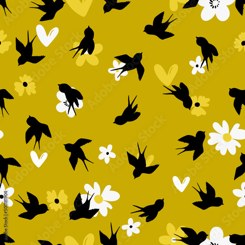 Seamless pattern with swallow silhouette on color background. Cute bird in flight. Vector illustration. Doodle style. Design for invitation, poster, card, fabric, textile © Alla