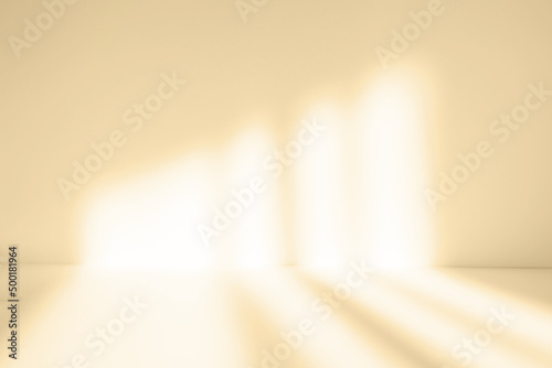 Abstract beige studio background for product presentation. Empty room with shadows of window. Display product with blurred backdrop.