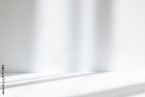 Abstract white studio background for product presentation. Empty room with shadows of window. Display product with blurred backdrop.