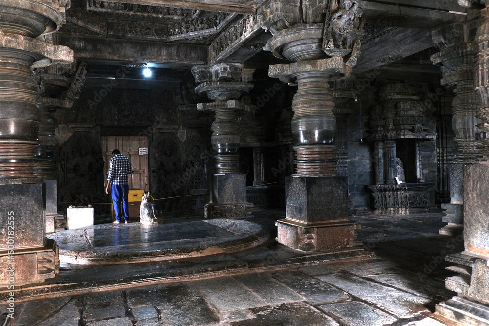 Fototapeta premium Hoysaleswara Temple sculpture work Halebidu Karnataka India, 12th-century Hindu temple dedicated to Shiva, It is the largest monument in Halebidu, the former Hoysala capital.