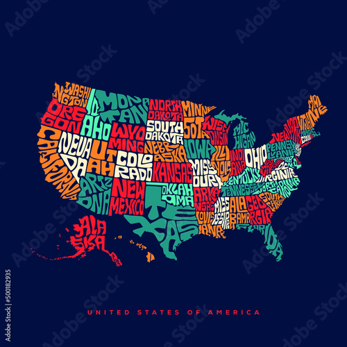 USA map typography. United States of America map typography art. UAS Map lettering with all states names.
