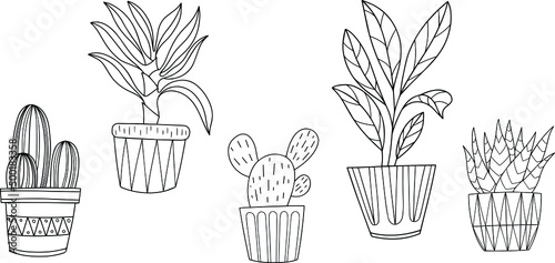 Hand drawn doodle. Houseplants collection. Vector interior plants in pots. Vector illustration set