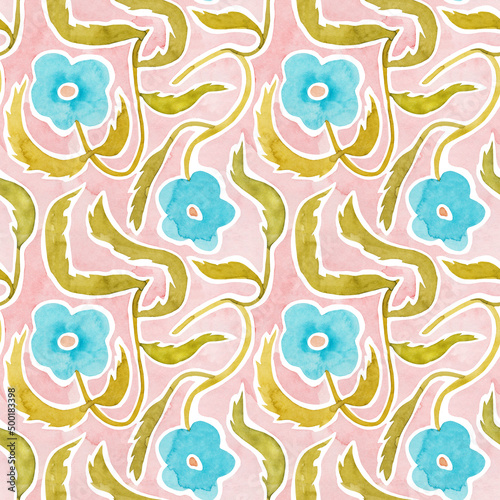 Floral seamless watercolor pattern in a minimalistic style. Hand drawn background with simple flowers