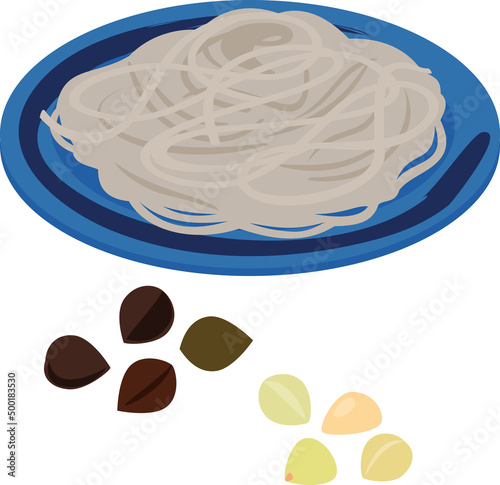 蕎麦の実と麺状の蕎麦