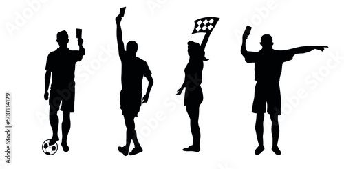 Set of football, soccer arbitrator silhouettes. Black, men and women in motion, showing different gestures. photo