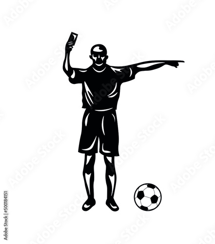 Male football, soccer referee silhouette. Black figure showing a yellow or red card with the right hand and the direction with his left.