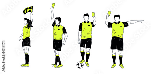 Set of football, soccer arbitrator characters. Black and yellow, men and women in motion, showing different gestures.