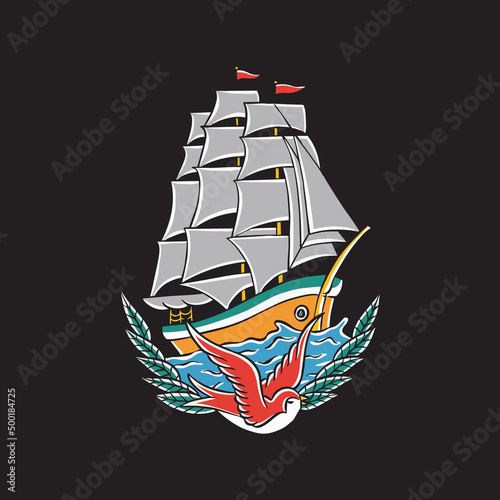 ship on the sea vintage illustration