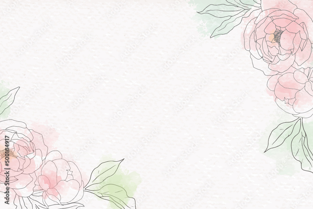 loose watercolor doodle line art peony flower bouquet frame minimal banner background