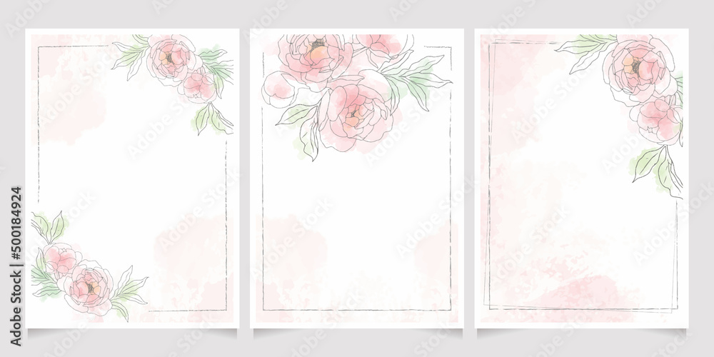 pink loose watercolor line art peony flower bouquet frame 5x7 invitation card wash splash background template collection