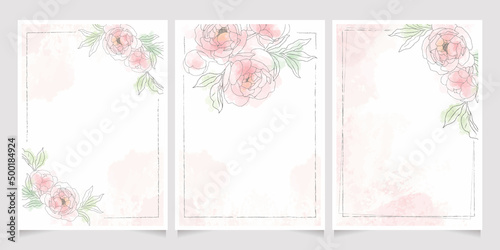 pink loose watercolor line art peony flower bouquet frame 5x7 invitation card wash splash background template collection