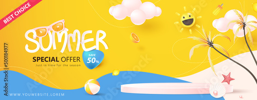 Summer sale banner template for promotion with product display cylindrical shape and beach elements
