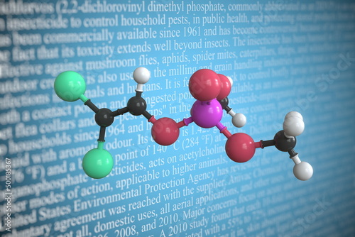 Molecular model of dichlorvos, 3D rendering photo