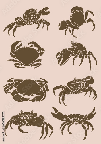 Graphical vintage set of crabs , sepia background,vector sea-food elements
