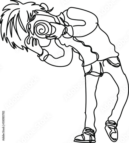 Continuous one line drawing of stylish boy taking photographs in his camera in different angles, line art vector illustration silhouette of young photographer logo © Pankaj