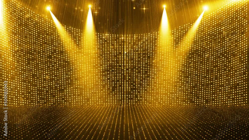 The golden particle spotlight shines on the flashing stage background
