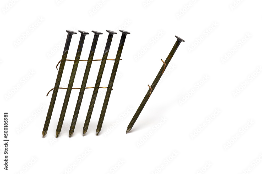 Closeup wire connected special nails white background