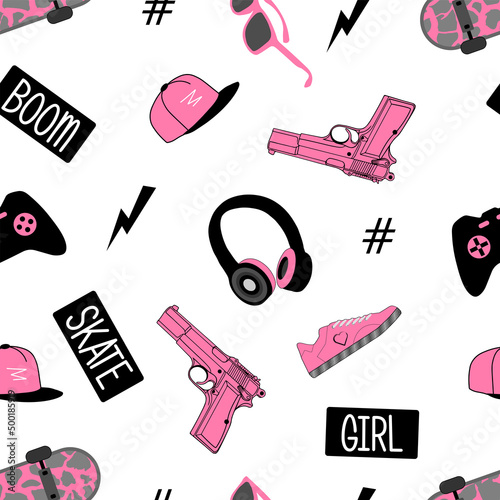 girlish urban pattern with cap, glasses, pistol, skateboard and slogan