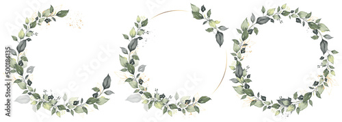 Leaf watercolor wreath template set branch and gold texture vector design for invitation, greeting card