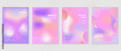 Abstract pink and purple gradient fluid liquid cover template. Set of modern poster with vibrant graphic color, hologram, line. Minimal style design for flyer, brochure, background, wallpaper, ads