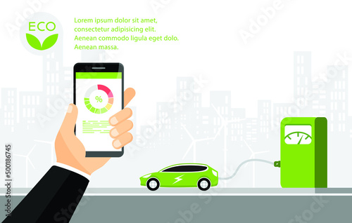 Hand holding smartphone eit EV Car Or Electric Car At Charging Station. Concept For Green Environment.