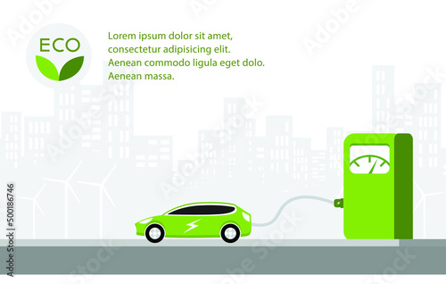 EV car, Electric car clean energy environment friendly, Electric car with power cable and electric plug with nature tree.