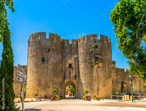 Main gate of medieval city of Aigues-Mortes in summer, Gard, Occitanie, France