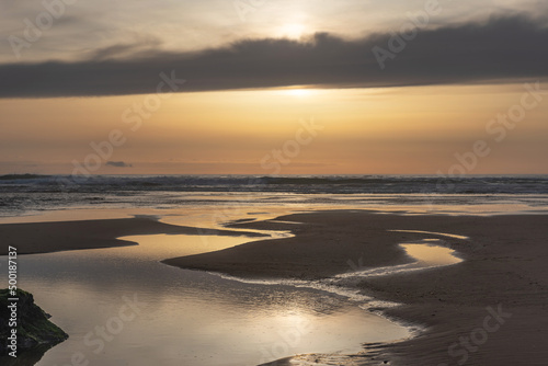 Courant de Contis goes out into the ocean. Sunset in the Landes