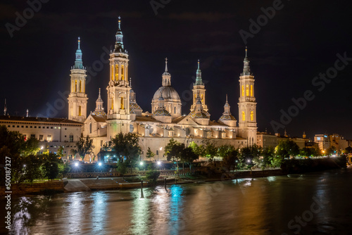 Basilica of Our Lady of the Pillar and Ebor River in the Evening, Zaragoza, Aragon, Spain, Europe