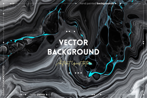 Fluid art texture. Background with abstract iridescent paint effect. Liquid acrylic artwork that flows and splashes. Mixed paints for baner or wallpaper. Black, white and blue overflowing colors.