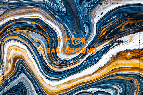 Fluid art texture. Abstract background with iridescent paint effect. Liquid acrylic picture that flows and splashes. Mixed paints for background or poster. White, blue and golden overflowing colors.