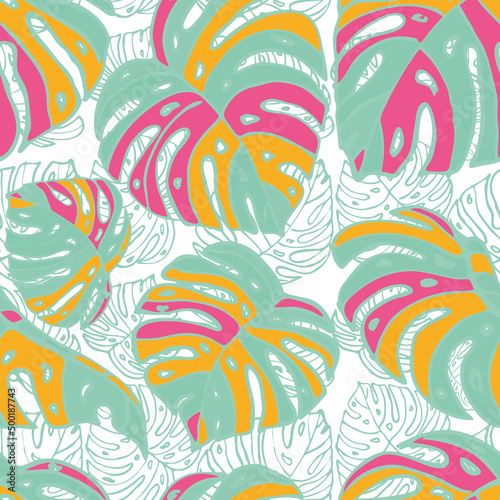 Summer Floral Vector Seamless Pattern with Tropic Palm Leaves. Hawaiian Vintage Print. Trendy Tropical Nature Background.
