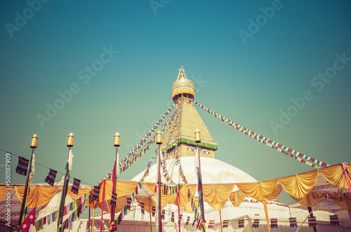 The dome and gold spire of Bodhnath Stupa  Kathmandu  Nepal