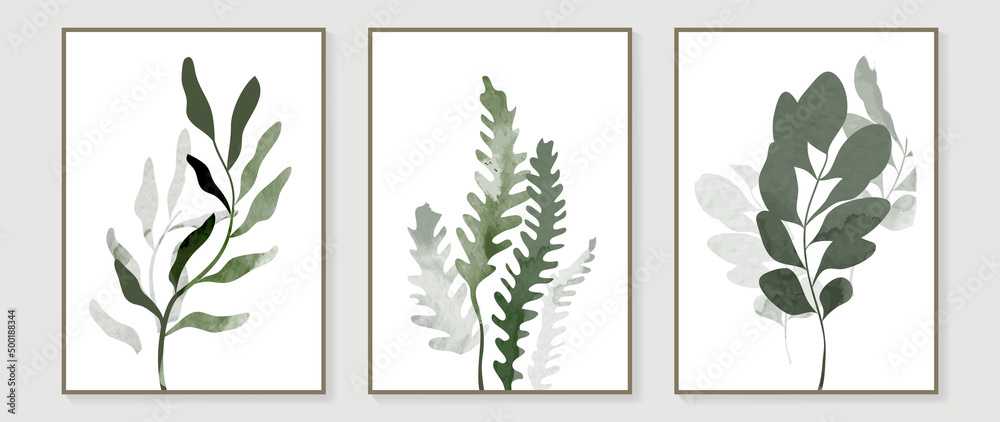 Vintage style foliage wall art template. Collection of hand drawn leaves with green watercolor texture, leaf branch, line art. Botanical poster set for wall decoration, interior, wallpaper, banner.