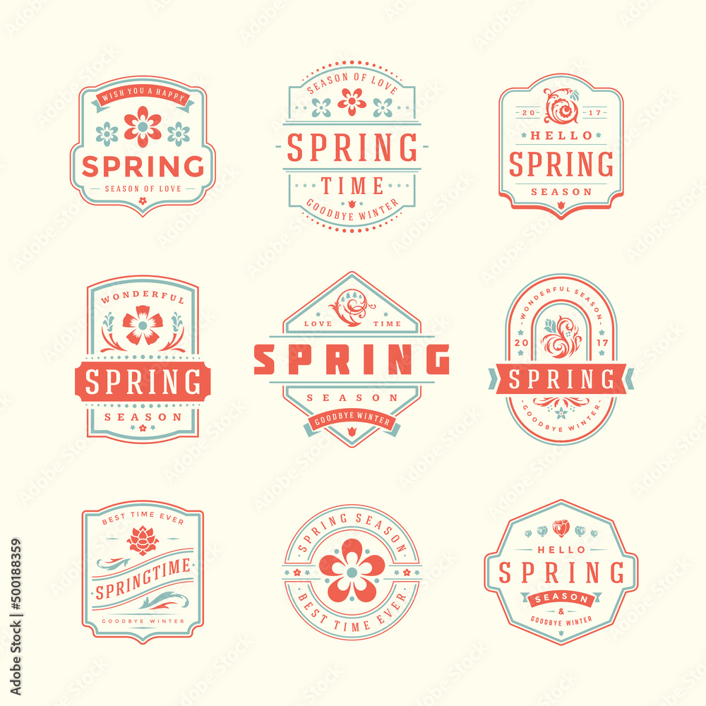 Spring typographic badges design set. Vector vintage logos elements good for spring greeting cards.