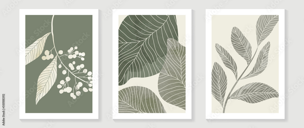 Vintage style foliage wall art template. Collection of hand drawn leaves with green watercolor texture, leaf branch, line art. Botanical poster set for wall decoration, interior, wallpaper, banner. - obrazy, fototapety, plakaty 