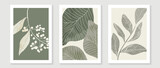 Vintage style foliage wall art template. Collection of hand drawn leaves with green watercolor texture, leaf branch, line art. Botanical poster set for wall decoration, interior, wallpaper, banner.