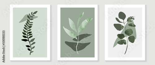 Vintage style foliage wall art template. Collection of hand drawn leaves with green watercolor texture, leaf branch, line art. Botanical poster set for wall decoration, interior, wallpaper, banner.
