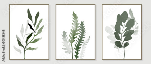 Vintage style foliage wall art template. Collection of hand drawn leaves with green watercolor texture, leaf branch, line art. Botanical poster set for wall decoration, interior, wallpaper, banner.