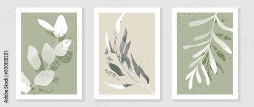 Vintage style foliage wall art template. Collection of hand drawn leaves with green watercolor texture, leaf branch, line art. Botanical poster set for wall decoration, interior, wallpaper, banner.