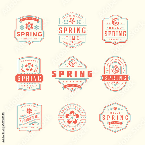 Spring typographic badges design set. Vector vintage logos elements good for spring greeting cards.