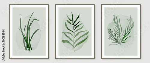 Vintage style foliage wall art template. Collection of hand drawn leaves with green watercolor texture, leaf branch, line art. Botanical poster set for wall decoration, interior, wallpaper, banner.