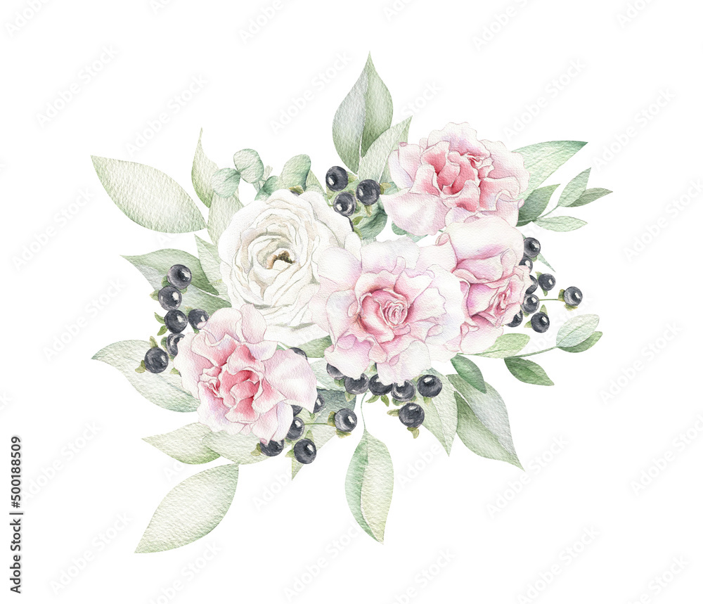 Decorative watercolor flowers. Hand-painted white, pink roses and greenery bouquet illustration. Botanic composition for wedding or greeting card