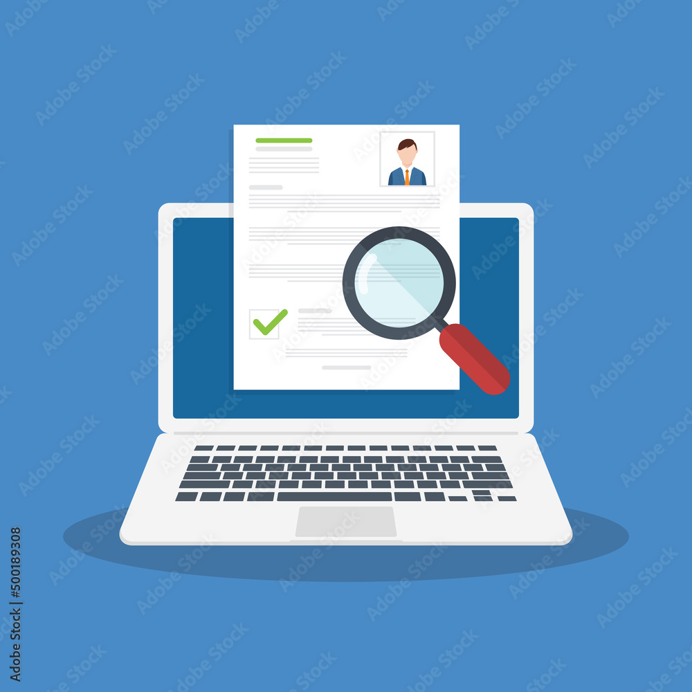 Online resume analysis, use magnifying glass to view recruitment resume, concept of recruitment and human resources Online resume analysis, use magnifying glass to view recruitment resume, concept of recruitment and human resources