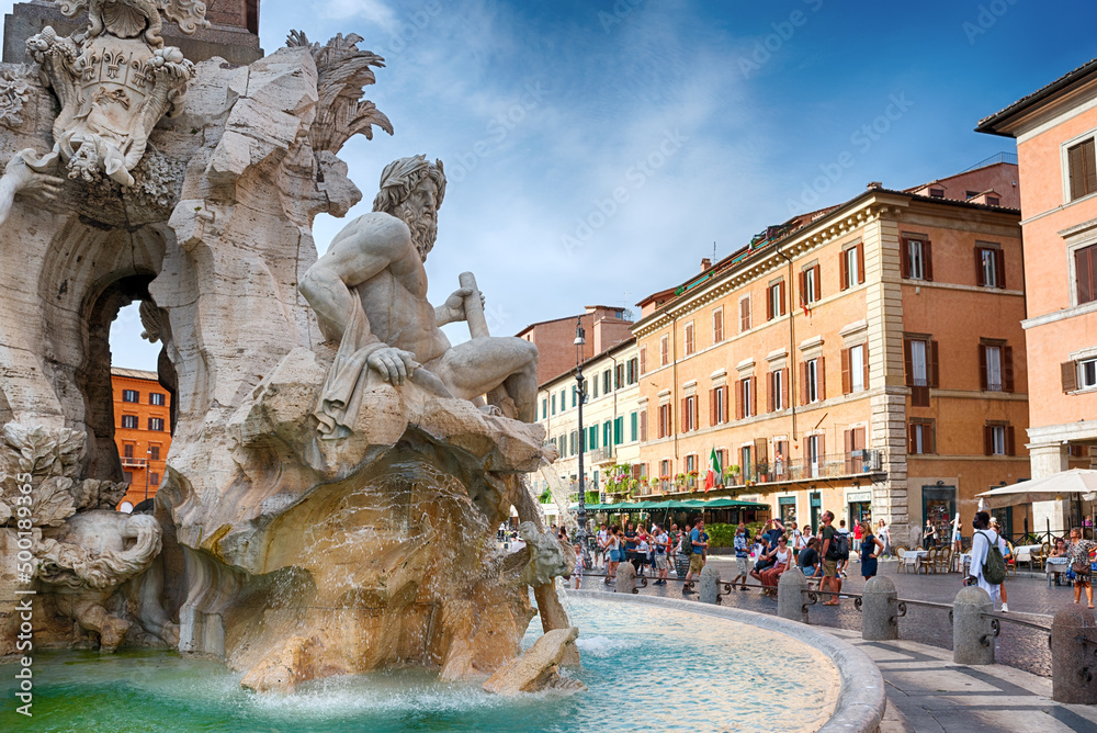 Fountain of the Four Rivers (Fontana dei Quattro Fiumi) on Navona square, Rome