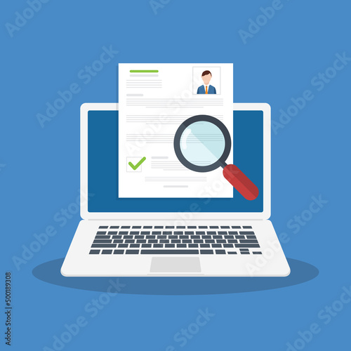 Online resume analysis, use magnifying glass to view recruitment resume, concept of recruitment and human resources