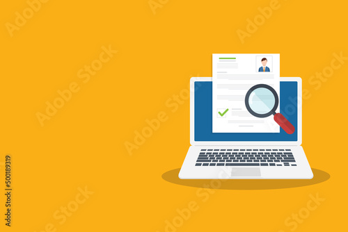 Online resume analysis, use magnifying glass to view recruitment resume, concept of recruitment and human resources