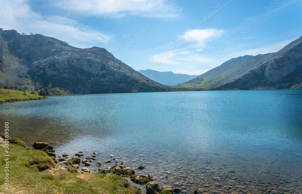 The beautiful lake of Enol in the Lakes of Covadonga. Asturias. Spain