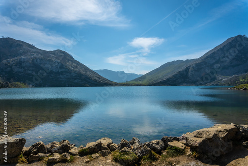 The beautiful lake of Enol in the Lakes of Covadonga. Asturias. Spain