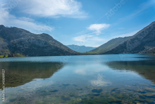 Detail of Lake Enol in the Lakes of Covadonga. Asturias. Spain